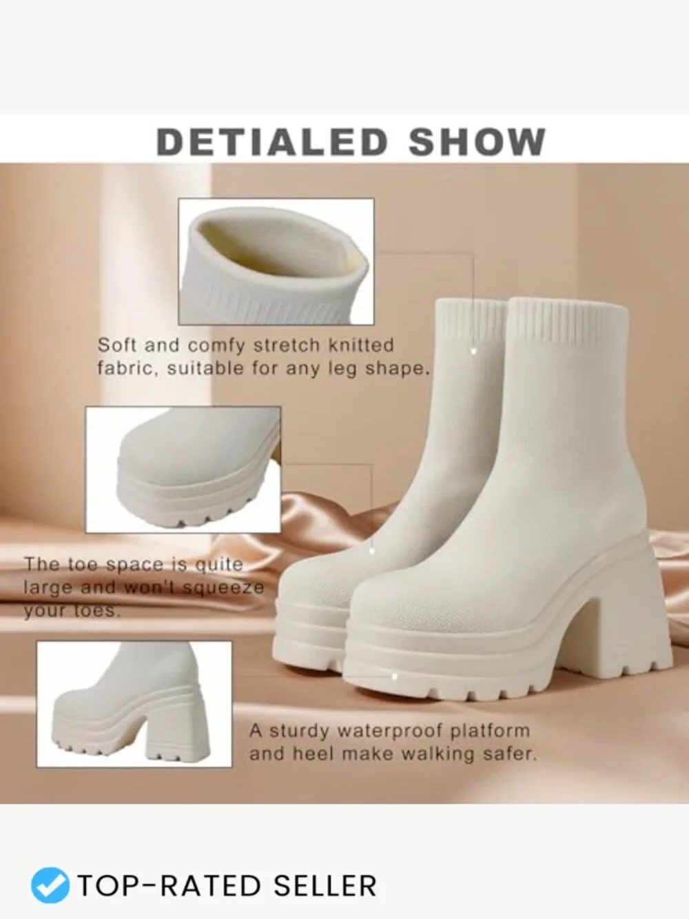 Square Toe Platform Sock Boots Chunky Block Heel Knit Ankle Booties Slip On